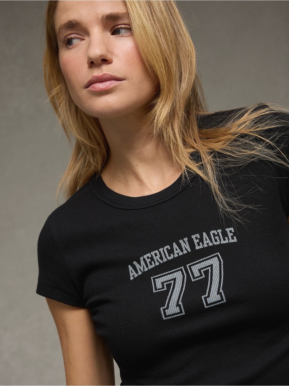 American Eagle Outfitters Black Ribbed '77 Graphic Short Sleeve Tee
